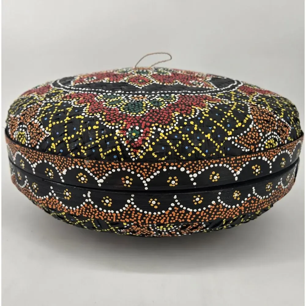 Vtg Large Bali Kaleidoscope Dot Hand Painted Woven Wicker Round Basket w/Lid